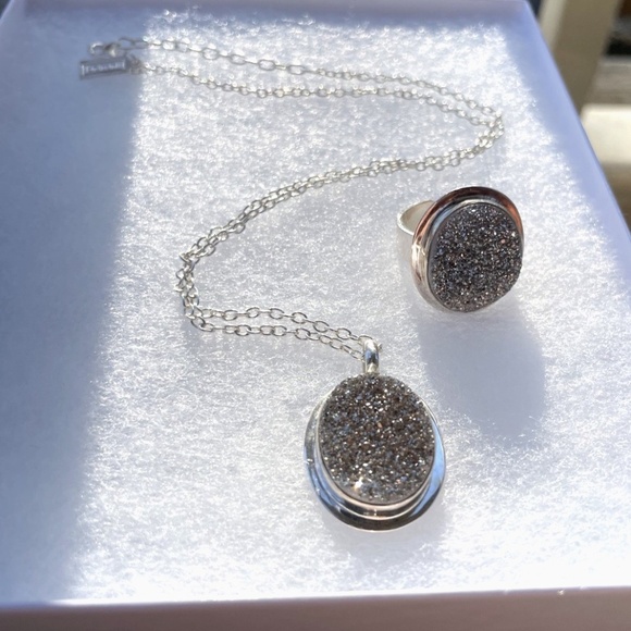 Baroni Jewelry - Baroni 925 Sterling Silver silver Druzy Necklace and Size 6.5 Ring Set